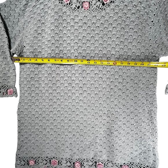 Vintage Handmade Crochet Green Tunic Sweater Pink Roses Colleens Collectables - Picture 11 of 13
